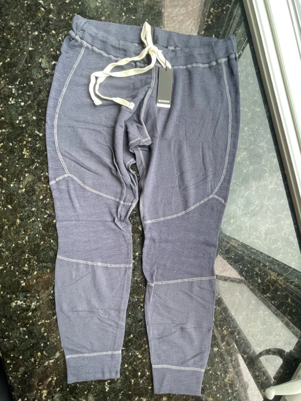 Monrow Navy Knit Drawstring Athletic Pants  with Cream Tie